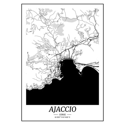 Affiche-ajaccio-carte-ville-noir-et-blanc