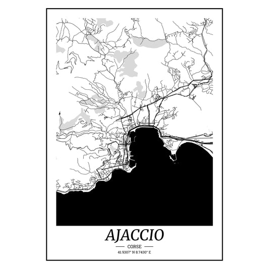 Affiche-ajaccio-carte-ville-noir-et-blanc